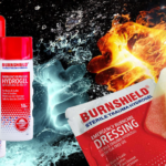 Ett montage av Burnshields brännskadeprodukter
