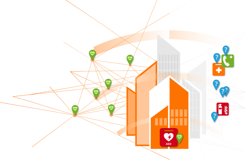 Illustration över byggnad med olika kartnålar runt om